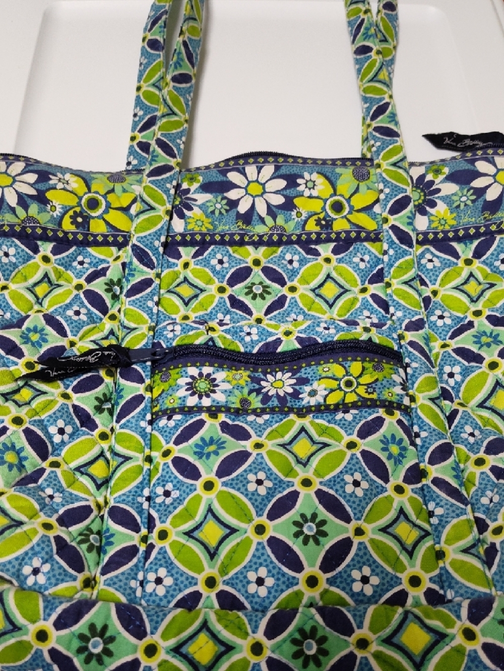 Vera Bradley Blue, Green & White Quilted Floral Geometric Tote - Picture 2 of 5